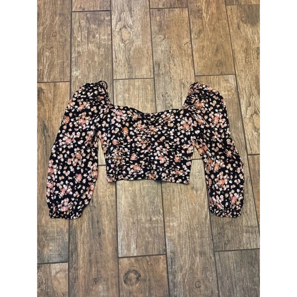 Zara Floral Smocked Crop Flowy Puff Sleeve Blue Top XS